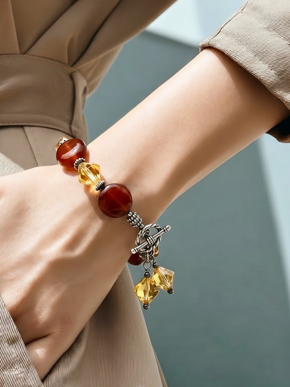 HANDCRAFTED CARNELIAN Round Flat Bead Bracelet Golden Yellow Accent Beads Silver